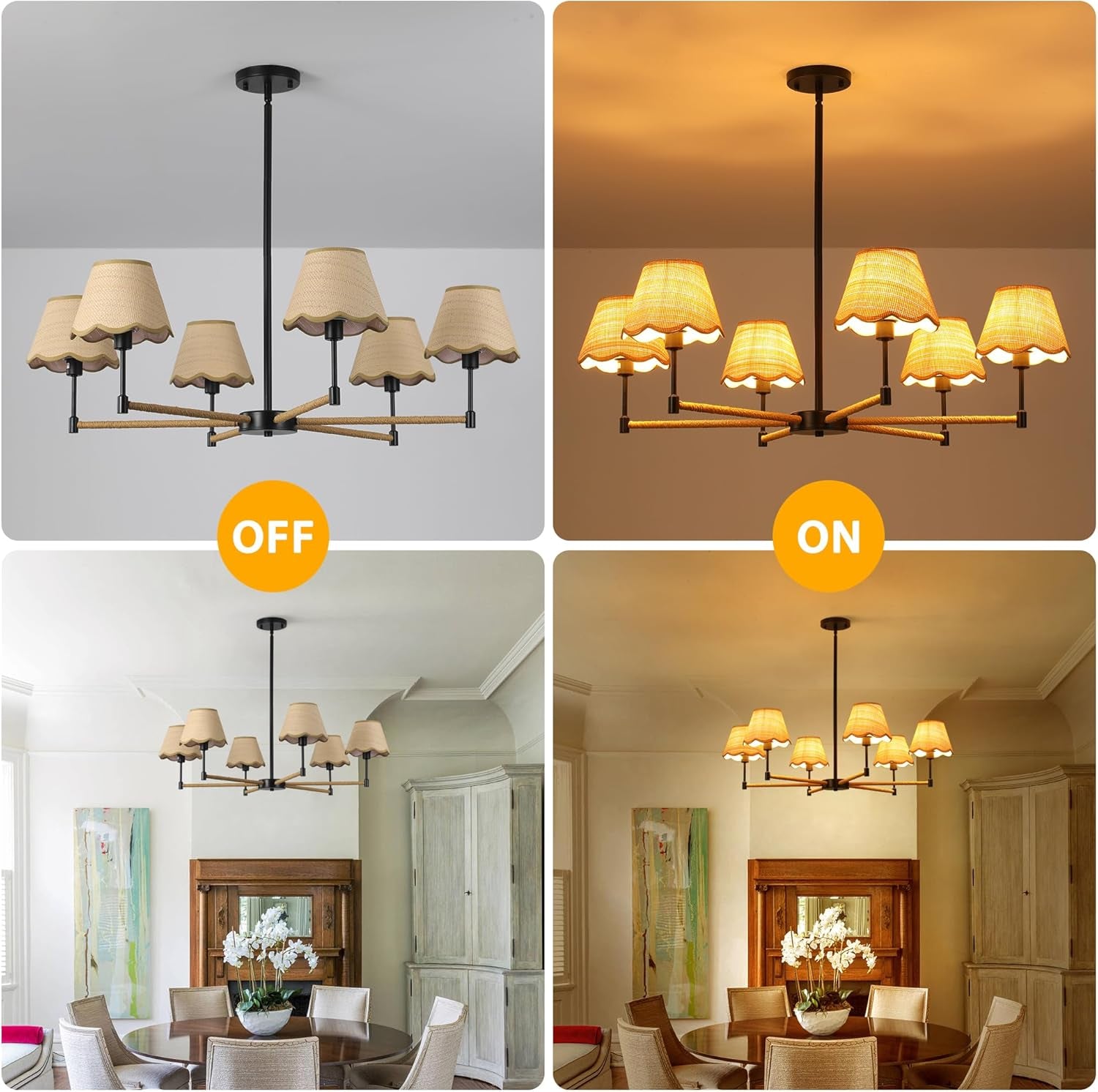 6-Light Boho Rattan Chandelier – Black Pendant