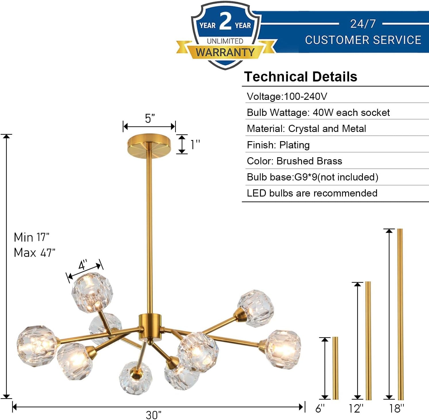 9-Light Gold Sputnik Crystal Chandelier
