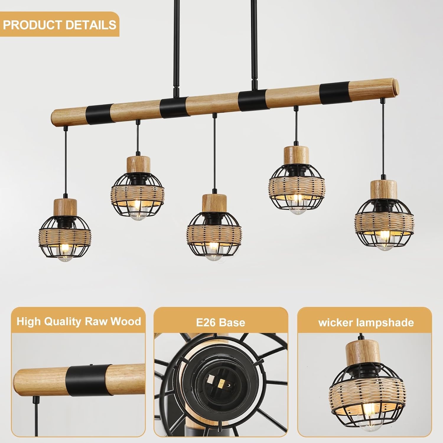 Farmhouse 5-Light Wood & Wicker Pendant Chandelier