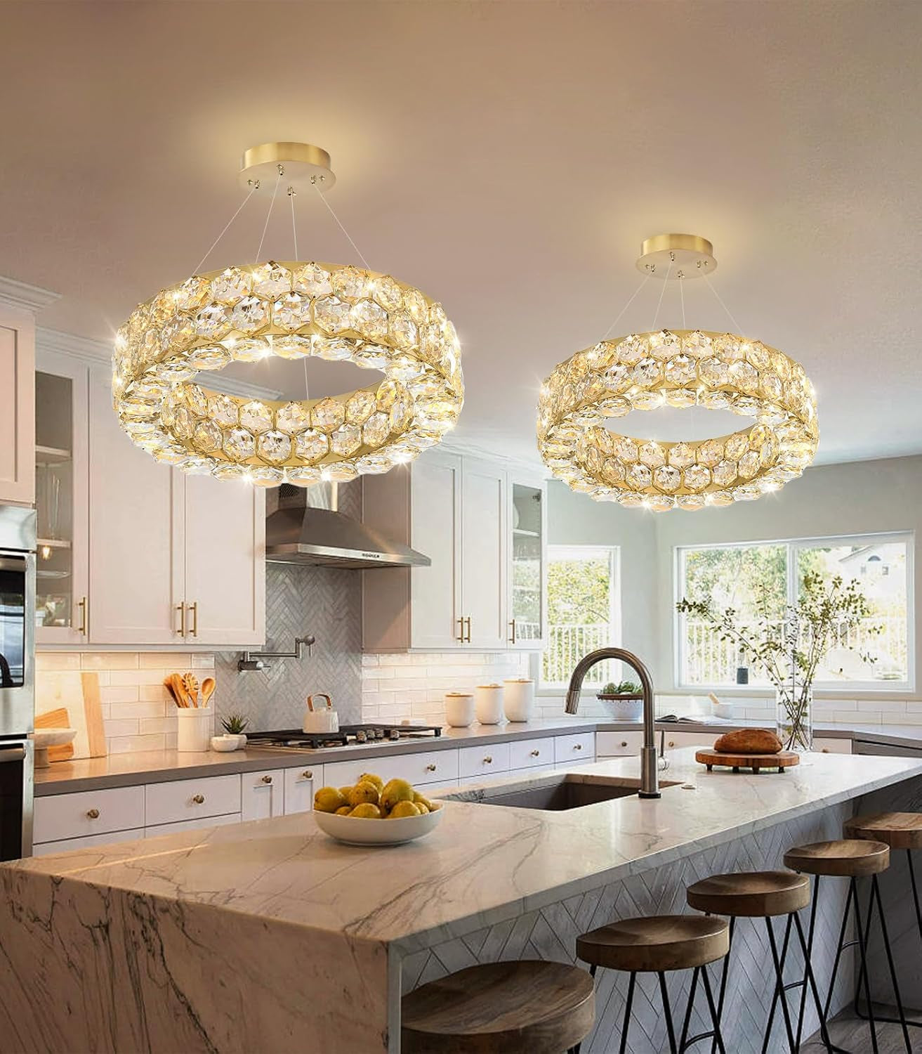 Modern 2-Ring Gold Crystal LED Chandelier