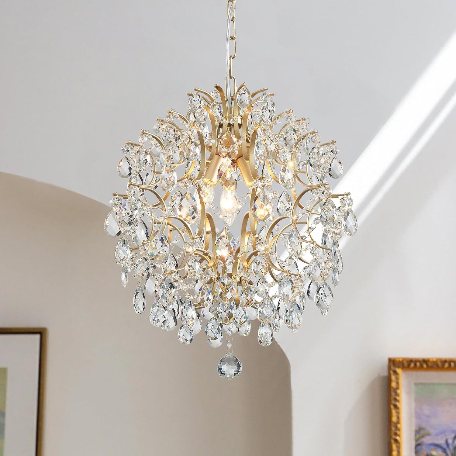 Gold Modern Pendant Chandelier Crystal Raindrop Lighting Ceiling Light Fixture Lamp for Dining Room Bathroom Bedroom Livingroom Entryway 1 E26 Bulbs Required D13 in X H16 In