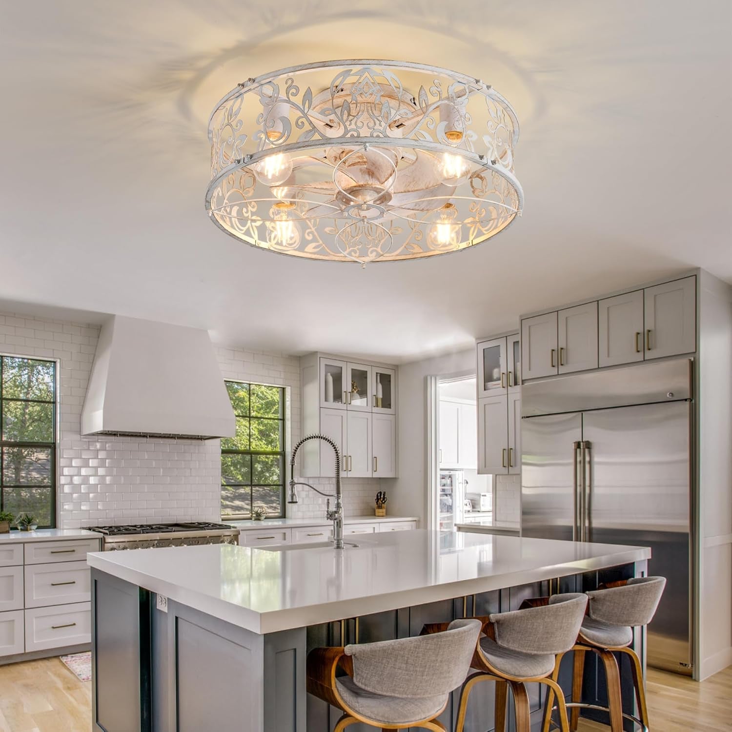 20" Caged Ceiling Fan with Light – White Gold Finish