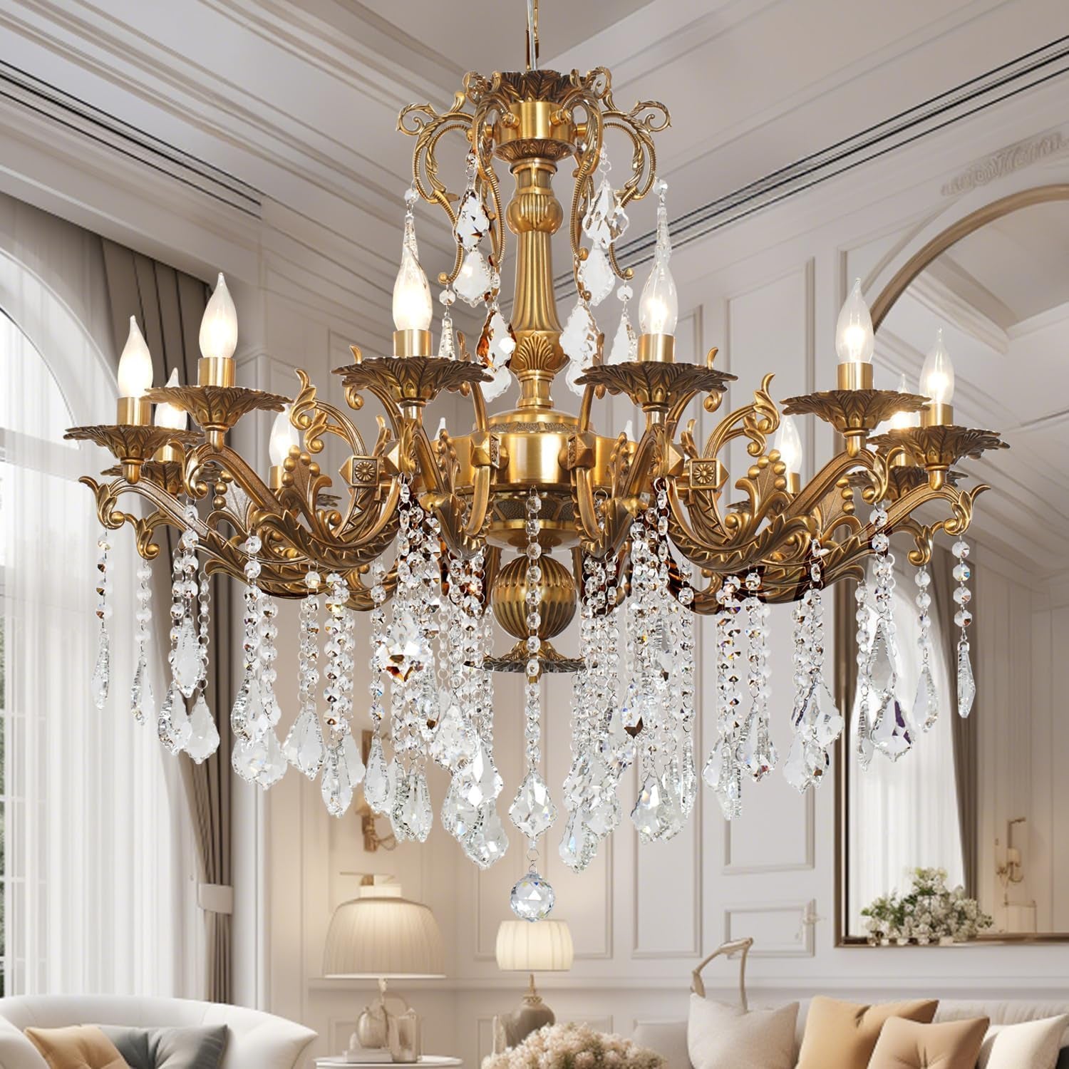 Vintage 12-Light Crystal Candle Chandelier 34"