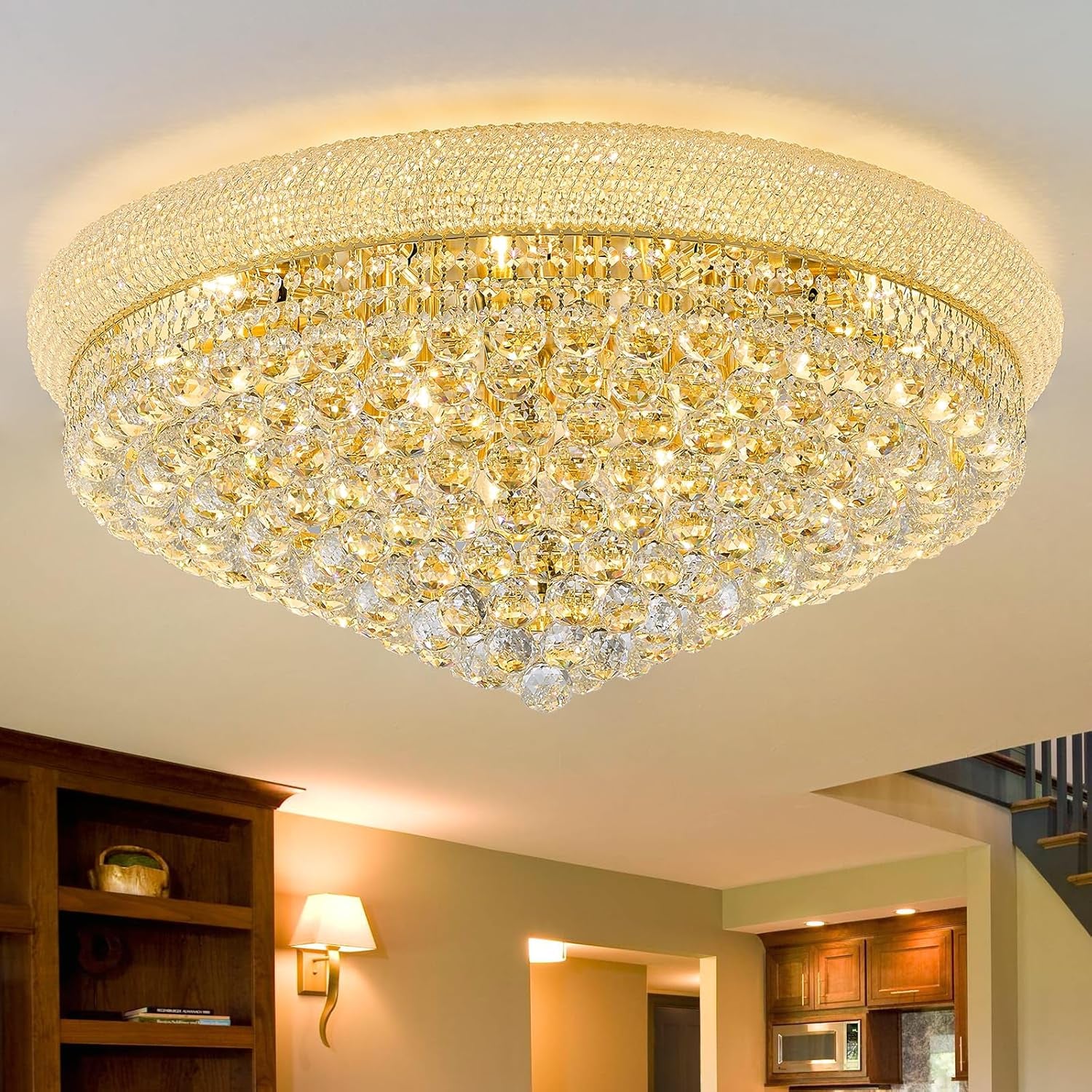 12-Light Crystal Flush Mount Chandelier Ceiling Light Fixture for Living Room Dining Room Bedroom Foyer Entryway Hallway Closet Bathroom (Gold D24)