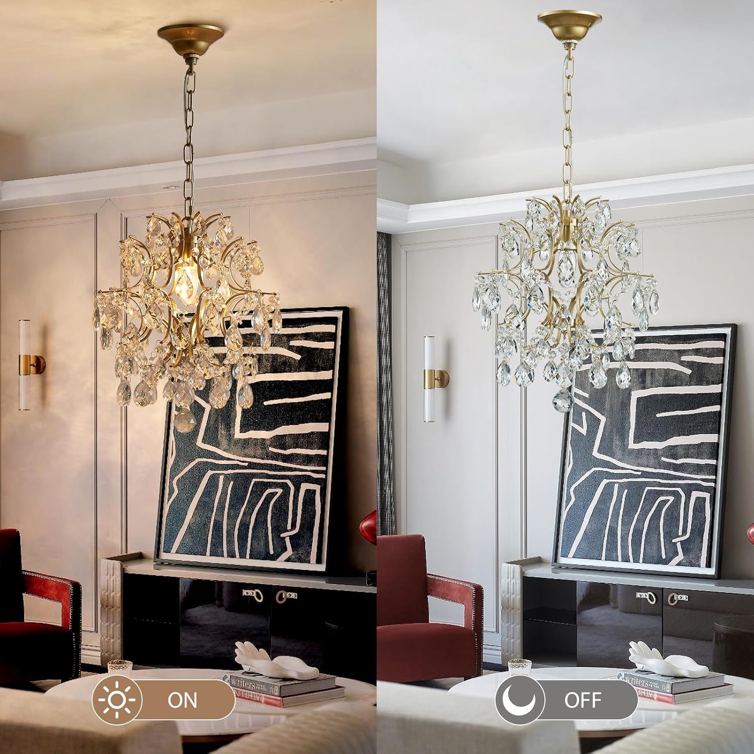 Gold Modern Pendant Chandelier Crystal Raindrop Lighting Ceiling Light Fixture Lamp for Dining Room Bathroom Bedroom Livingroom Entryway 1 E26 Bulbs Required D13 in X H16 In
