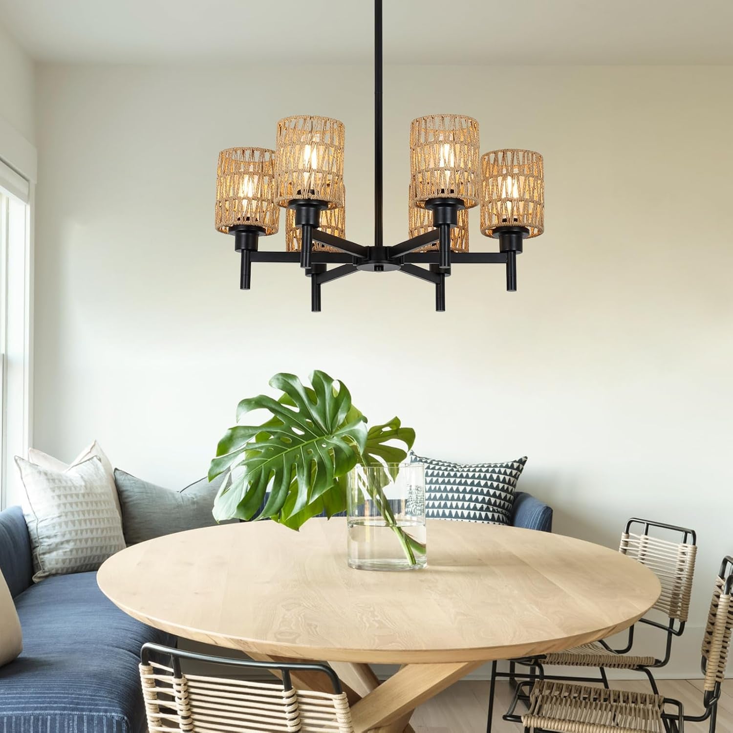 Rattan Farmhouse Chandelier – Black Boho Pendant