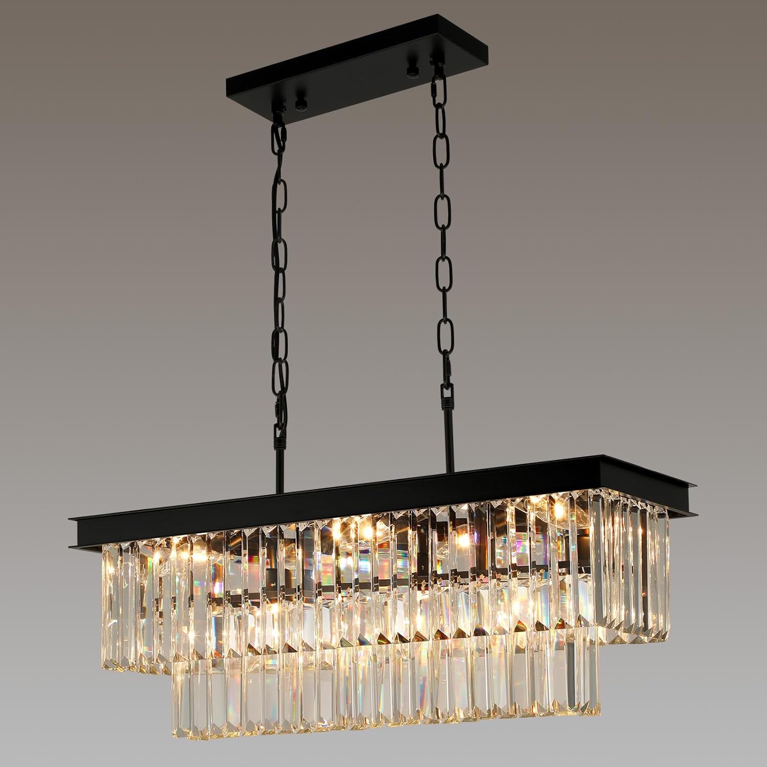 11-Light Black Crystal Rectangle Pendant Chandelier