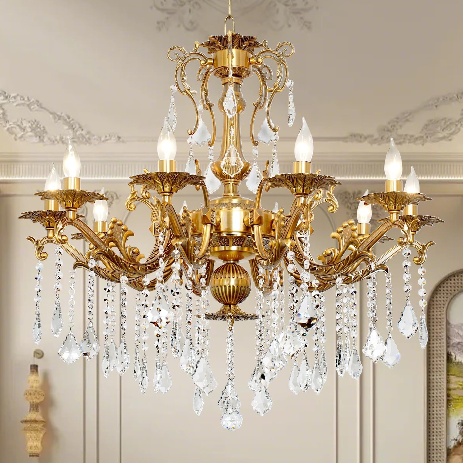 Vintage 12-Light Crystal Candle Chandelier 34"