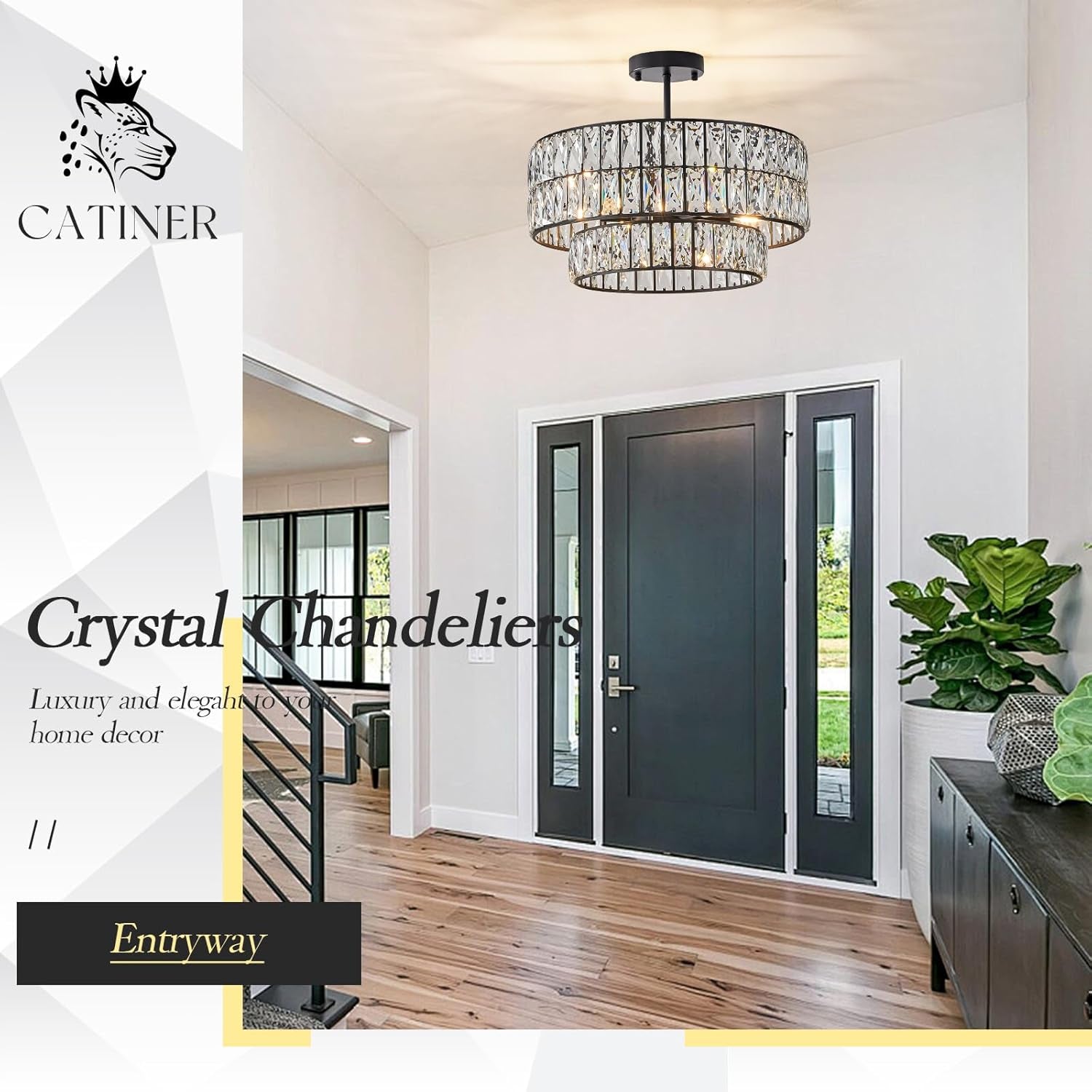 20" Black Crystal Drum Chandelier – 6-Light Semi Flush Mount