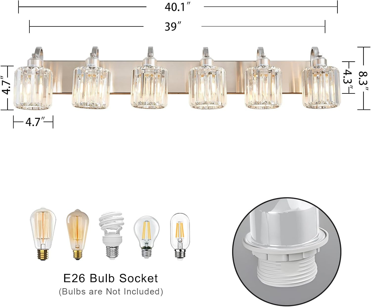 6-Light Brushed Nickel Crystal Bathroom Vanity Light