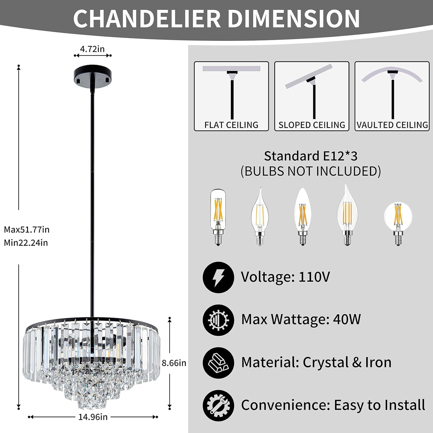 3-Light Modern Black K9 Crystal Chandelier – 5-Tier Round Pendant