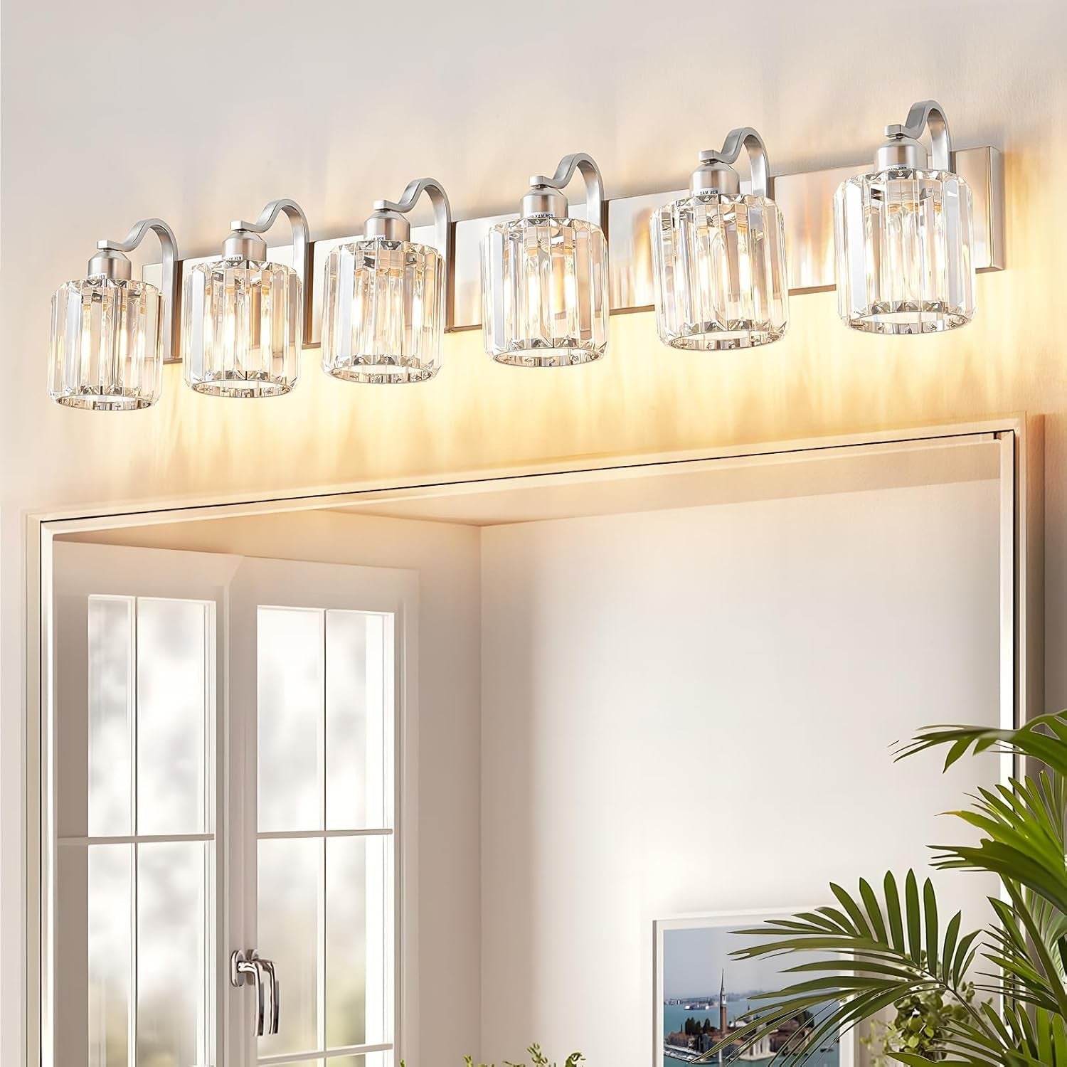 6-Light Brushed Nickel Crystal Bathroom Vanity Light