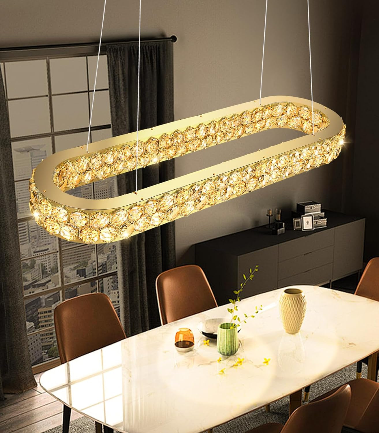 Modern 2-Ring Gold Crystal LED Chandelier