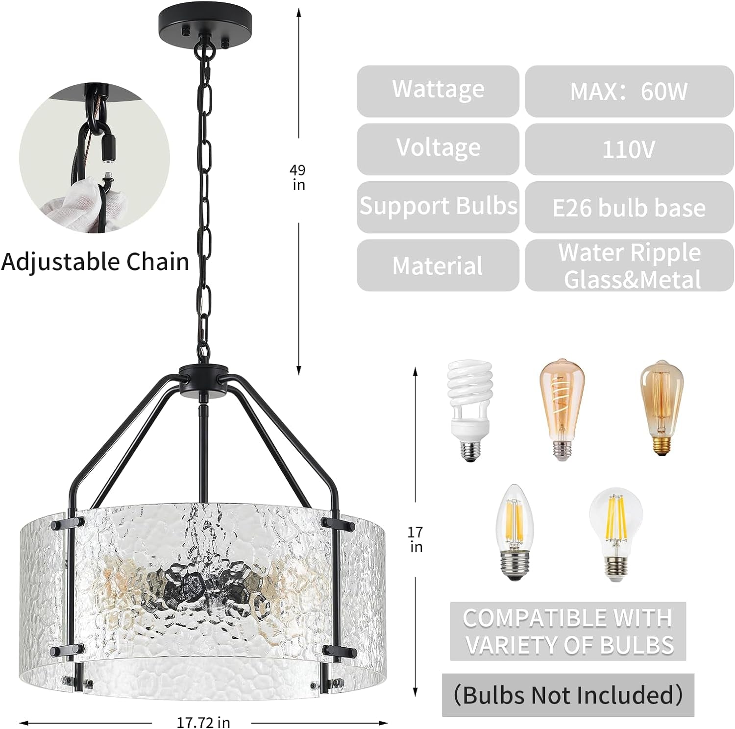Glass Drum Chandelier for Dining Room 18'' Entryway Light Fixture 4-Light Kitchen Chandeliers over Table Bedroom Light Fixture for Living Room Hallway Foyer Kitchen