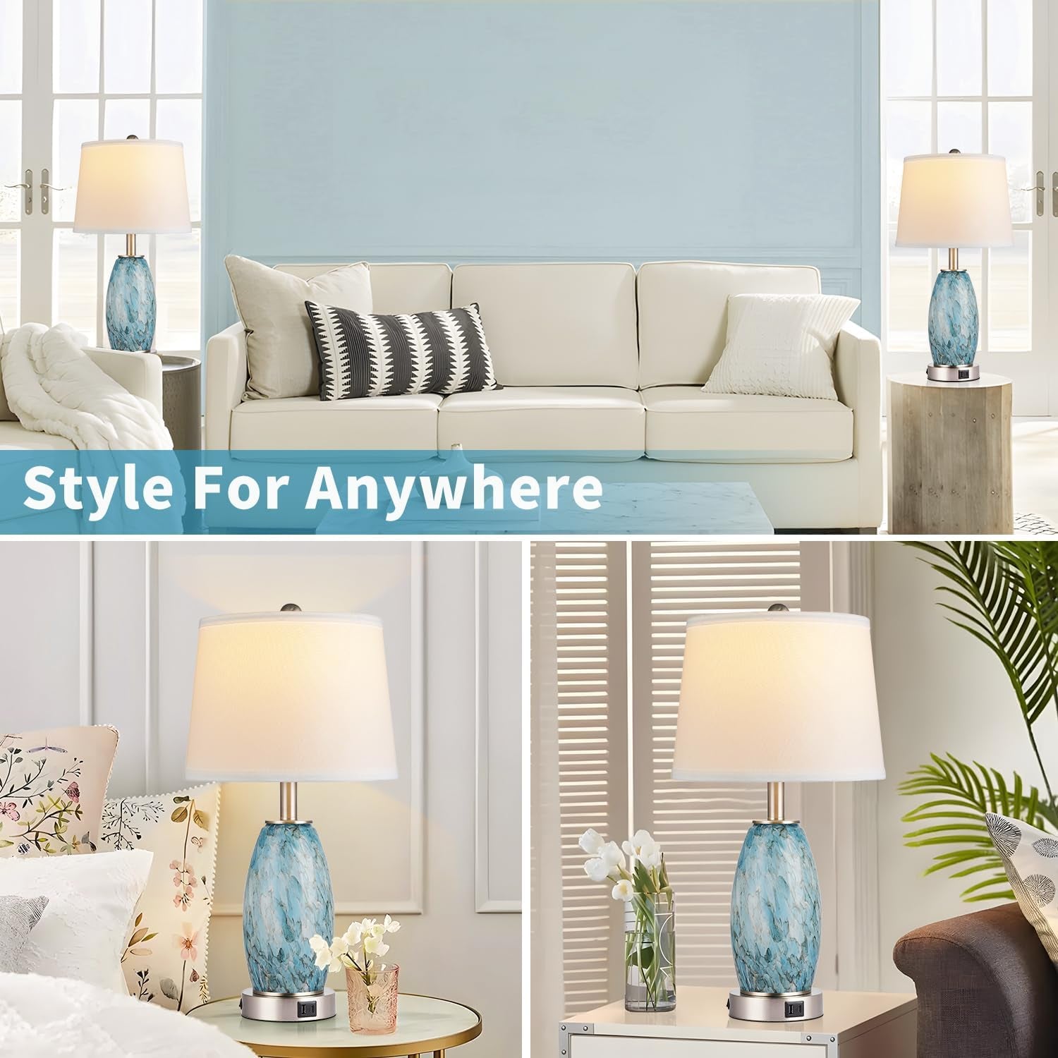 Coastal Glass Table Lamp Set of 2 – USB Ports