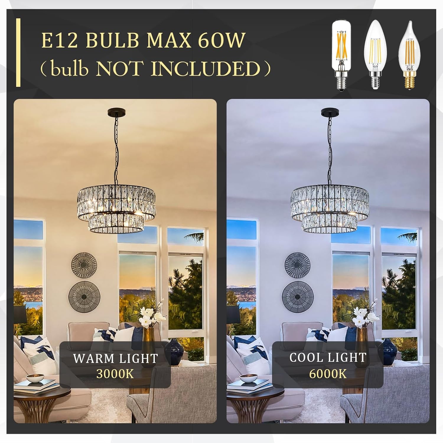 20" Black Crystal Drum Chandelier – 6-Light Semi Flush Mount