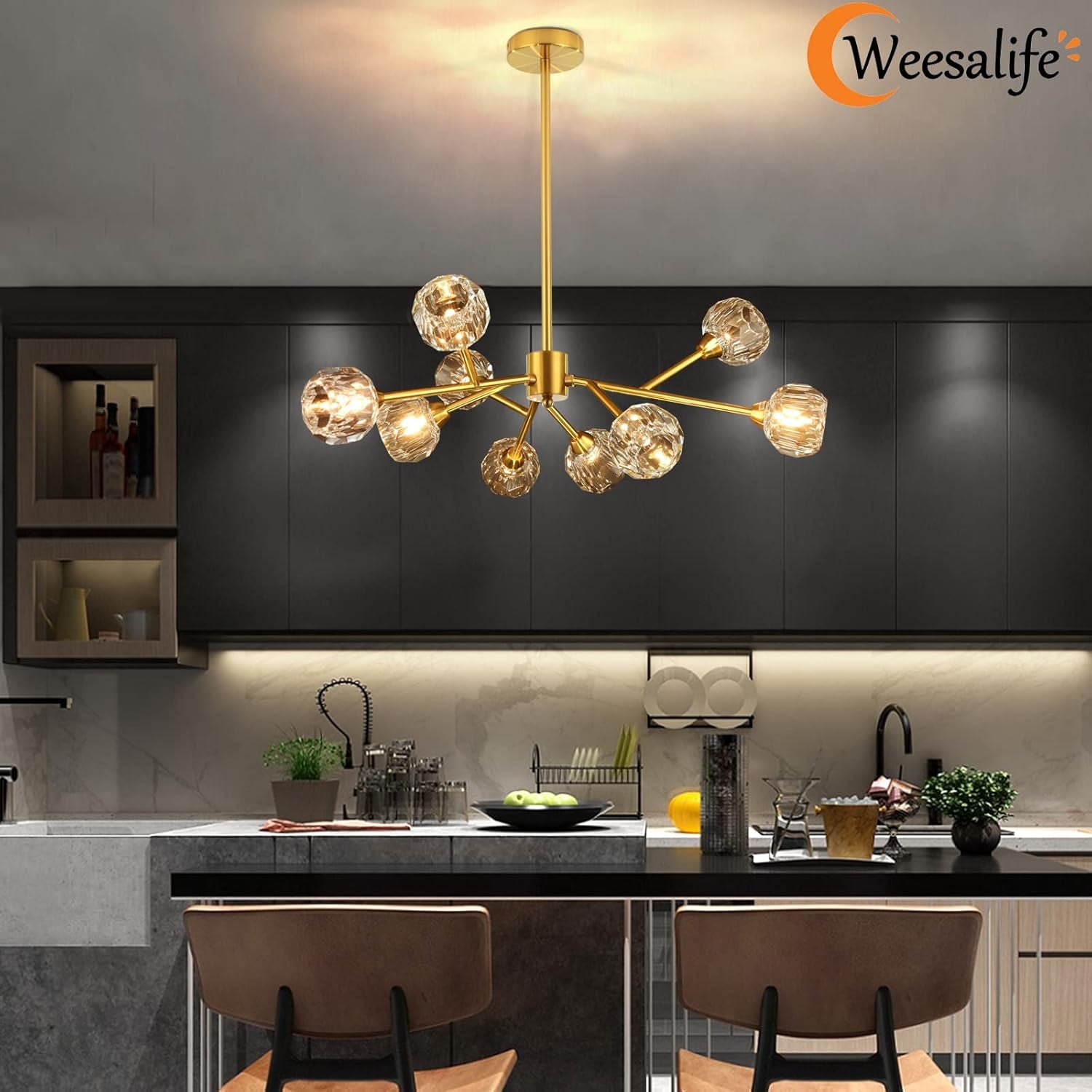 9-Light Gold Sputnik Crystal Chandelier
