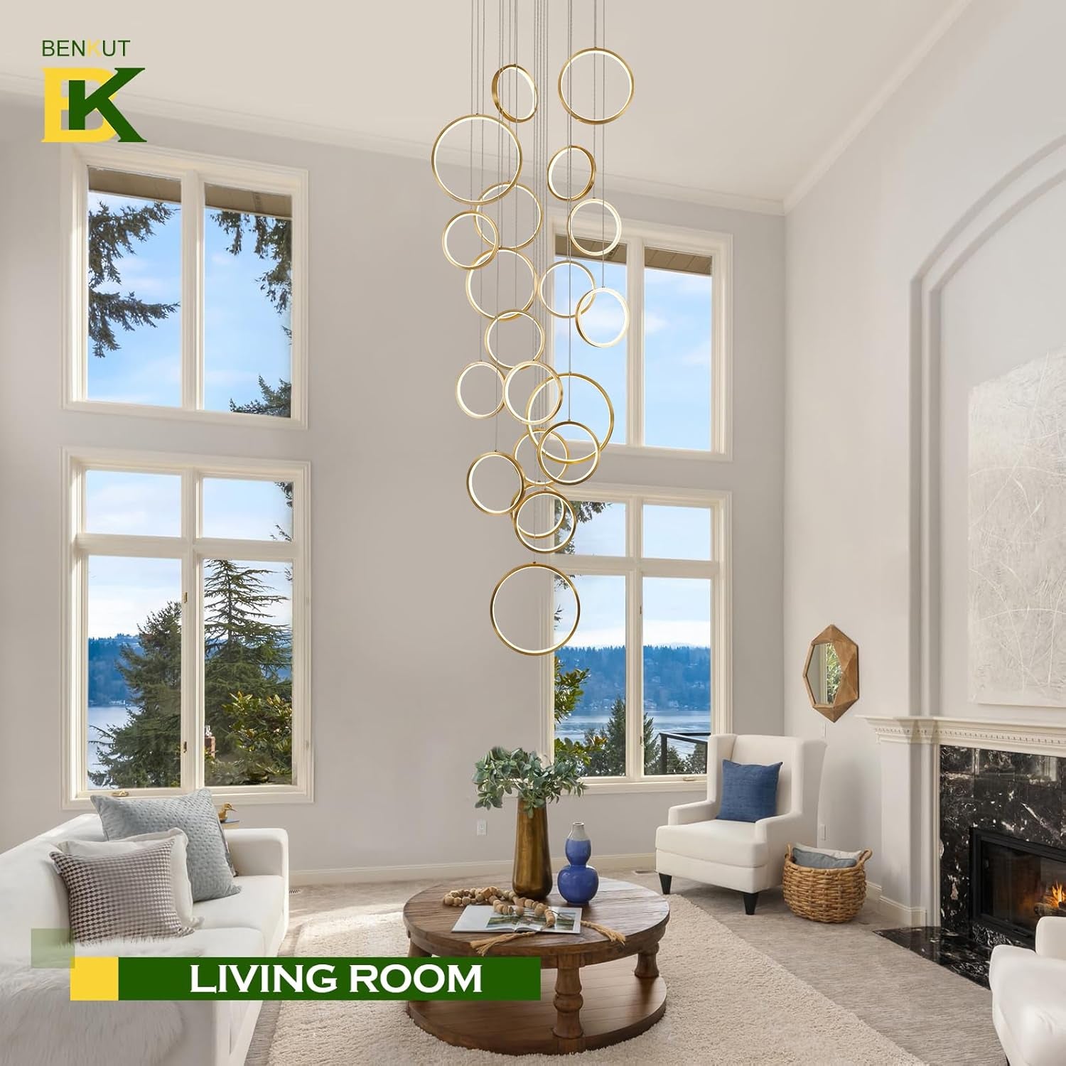 20-Ring Modern LED Gold Foyer Chandelier