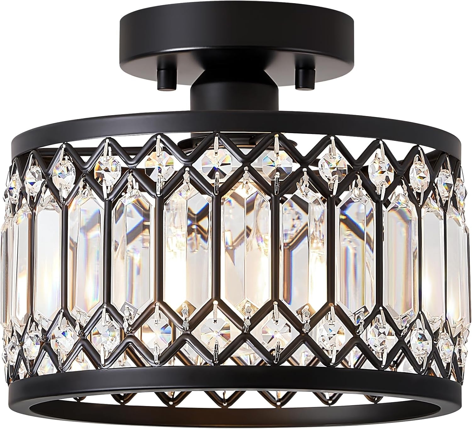 Crystal Black Ceiling Light, Modern Semi Flush Mount Ceiling Lighting Fixture, round Hallway Lighting Fixtures Chandelier for Kitchen Entryway Bedroom Dining Room, 3-Light, 12.2 Inch