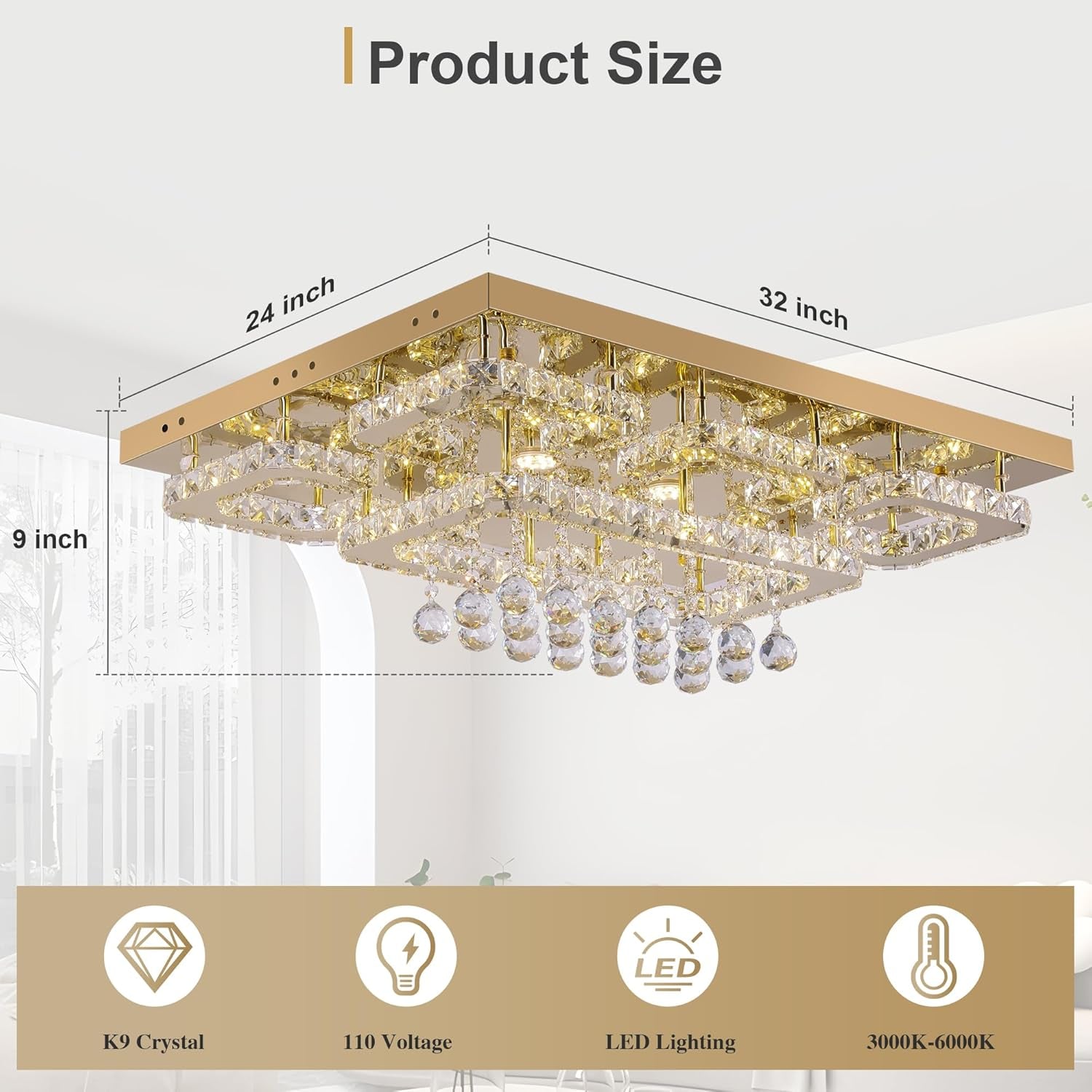 Gold 32" Rectangular Crystal LED Chandelier