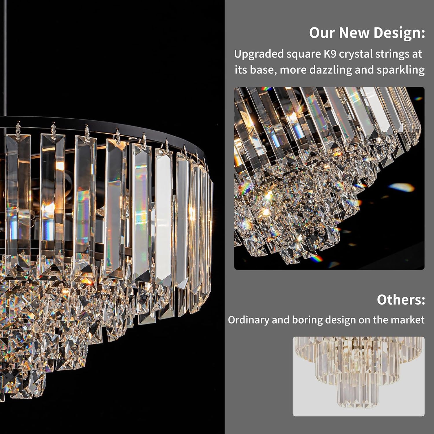 3-Light Modern Black K9 Crystal Chandelier – 5-Tier Round Pendant