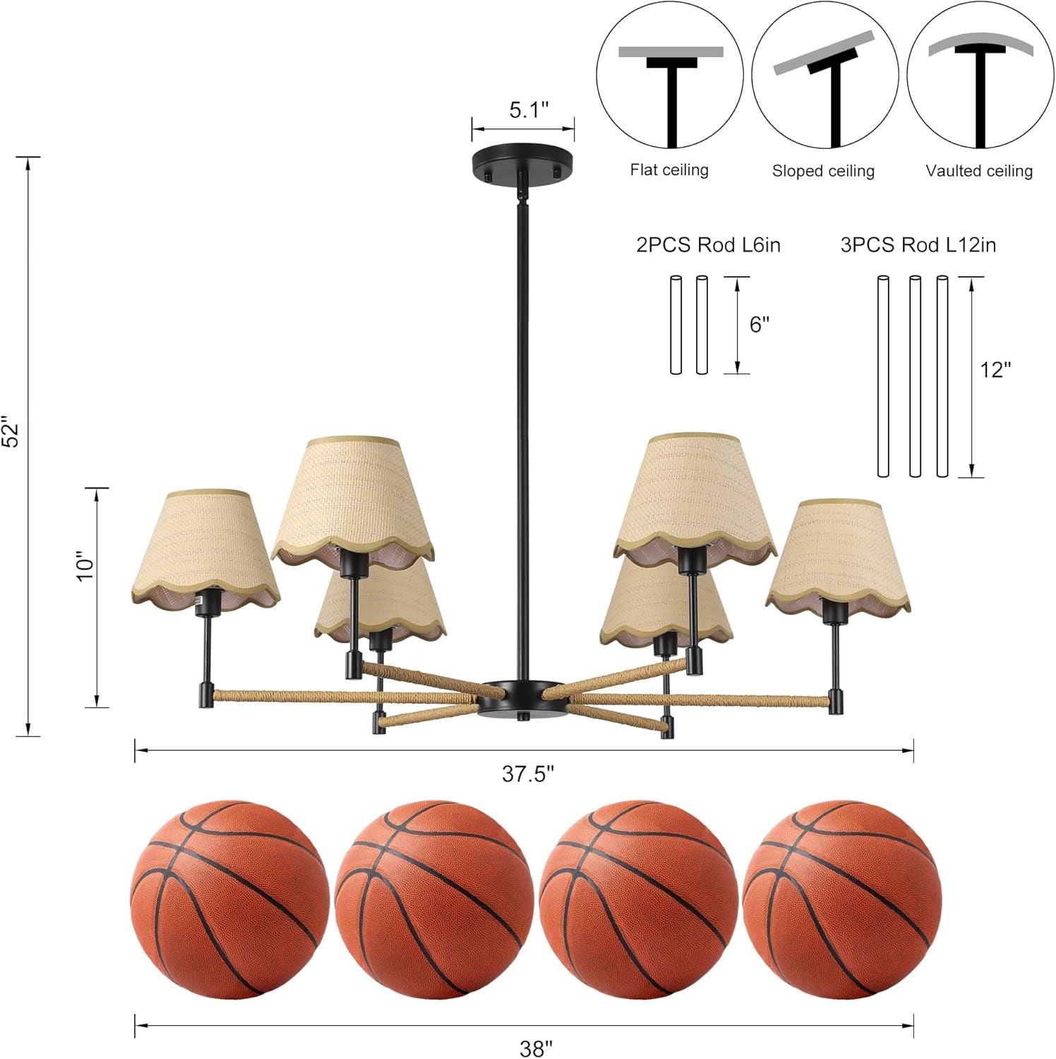 6-Light Boho Rattan Chandelier – Black Pendant