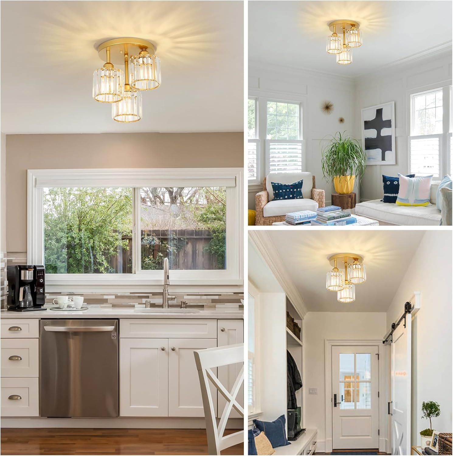 3-Light Modern Crystal Semi Flush Mount Ceiling Light – Gold Finish