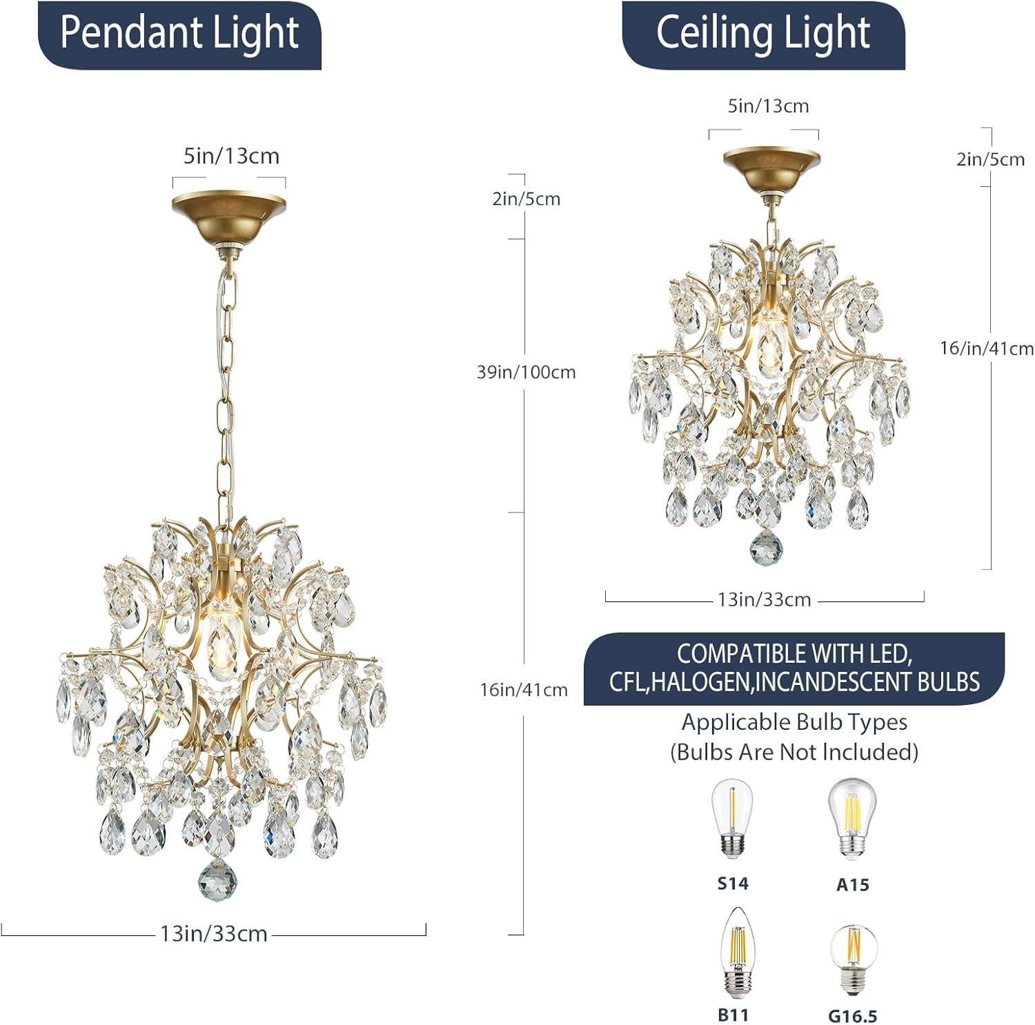 Gold Modern Pendant Chandelier Crystal Raindrop Lighting Ceiling Light Fixture Lamp for Dining Room Bathroom Bedroom Livingroom Entryway 1 E26 Bulbs Required D13 in X H16 In