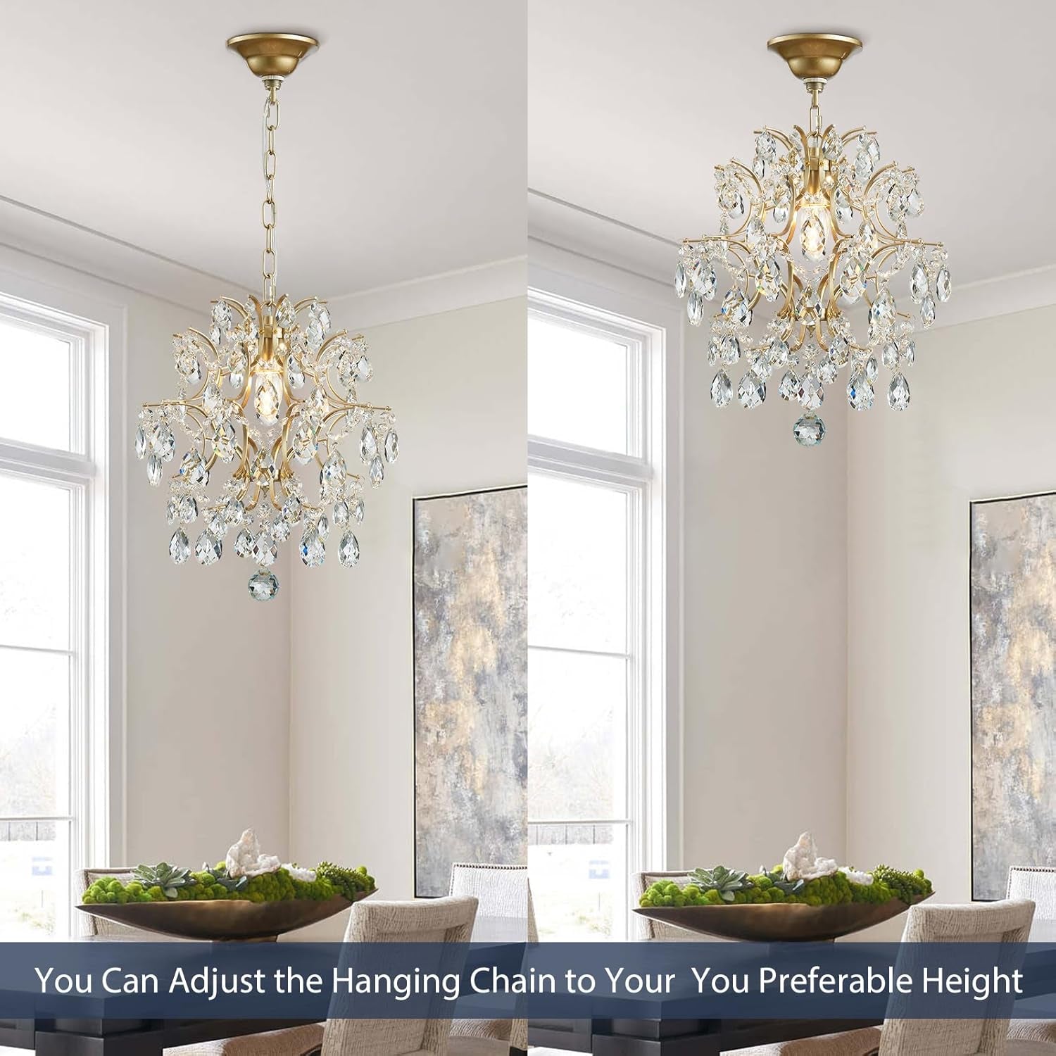 Gold Modern Pendant Chandelier Crystal Raindrop Lighting Ceiling Light Fixture Lamp for Dining Room Bathroom Bedroom Livingroom Entryway 1 E26 Bulbs Required D13 in X H16 In
