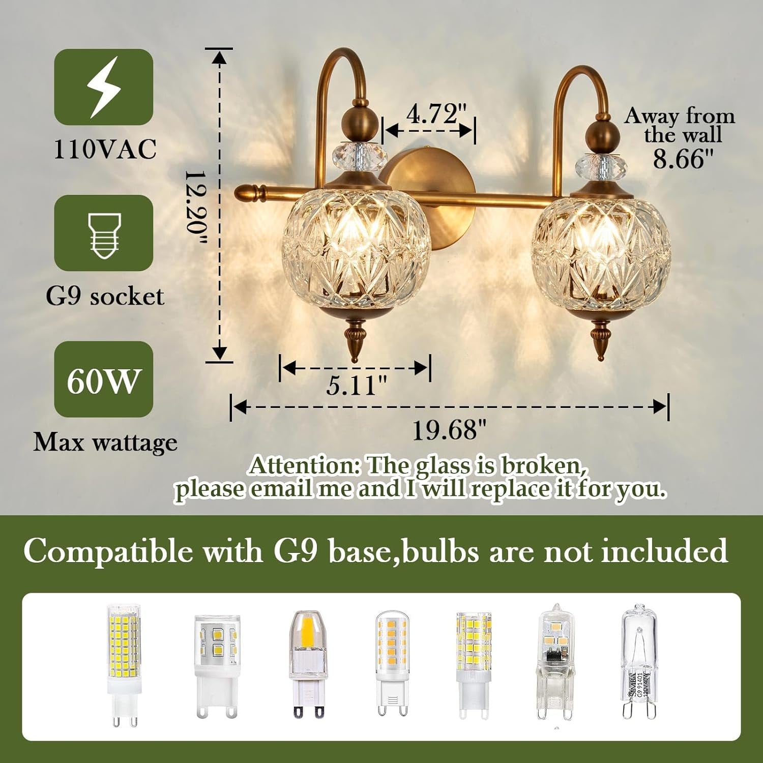 2-Light Gold Vintage Glass Globe Bathroom Vanity Light