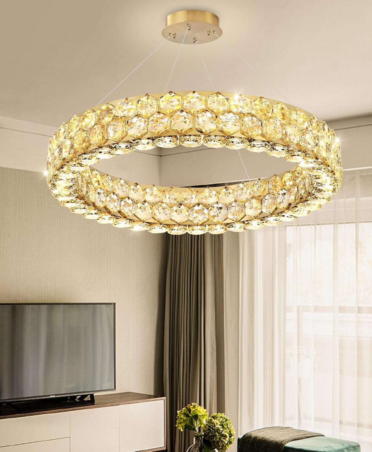 Modern 2-Ring Gold Crystal LED Chandelier