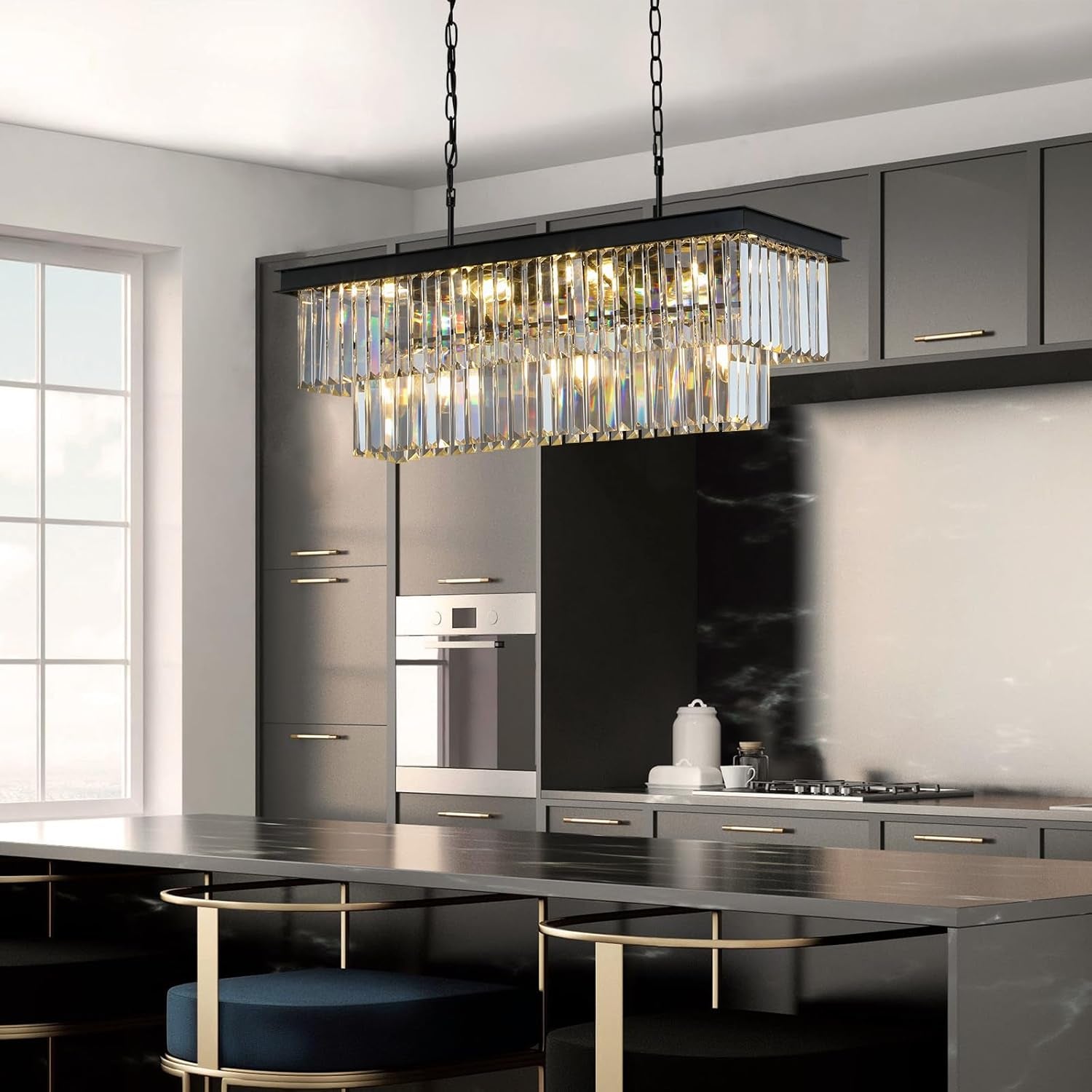 11-Light Black Crystal Rectangle Pendant Chandelier
