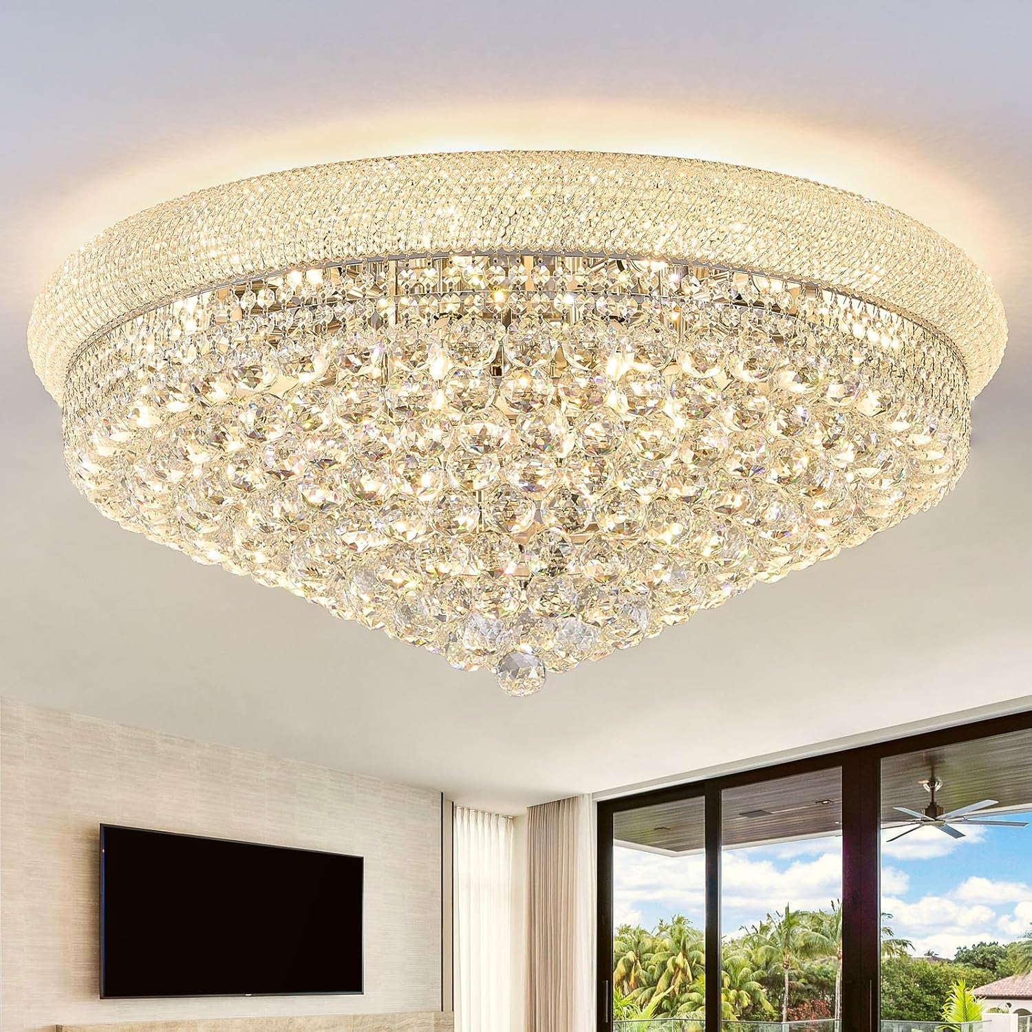 12-Light Crystal Flush Mount Chandelier Ceiling Light Fixture for Living Room Dining Room Bedroom Foyer Entryway Hallway Closet Bathroom (Gold D24)