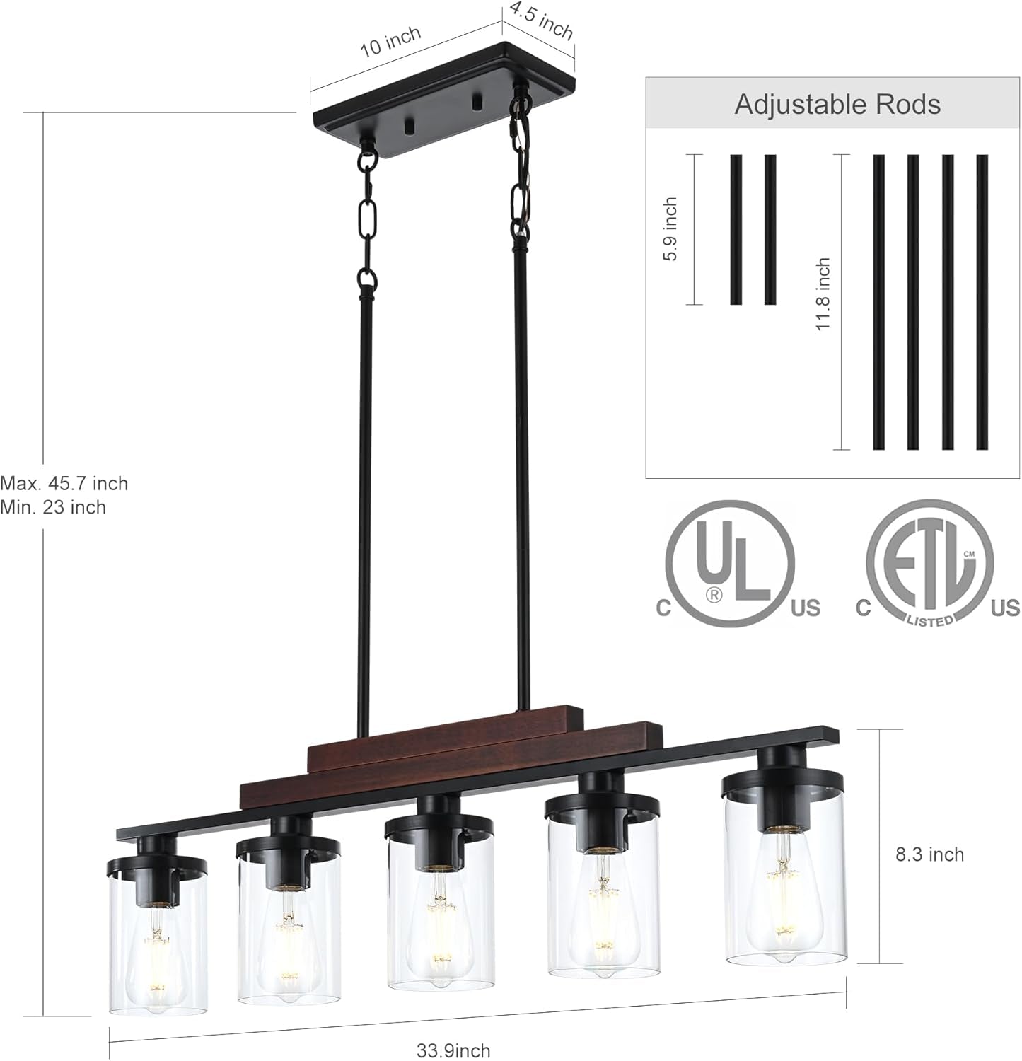 5-Light Farmhouse Linear Chandelier – Black Wood