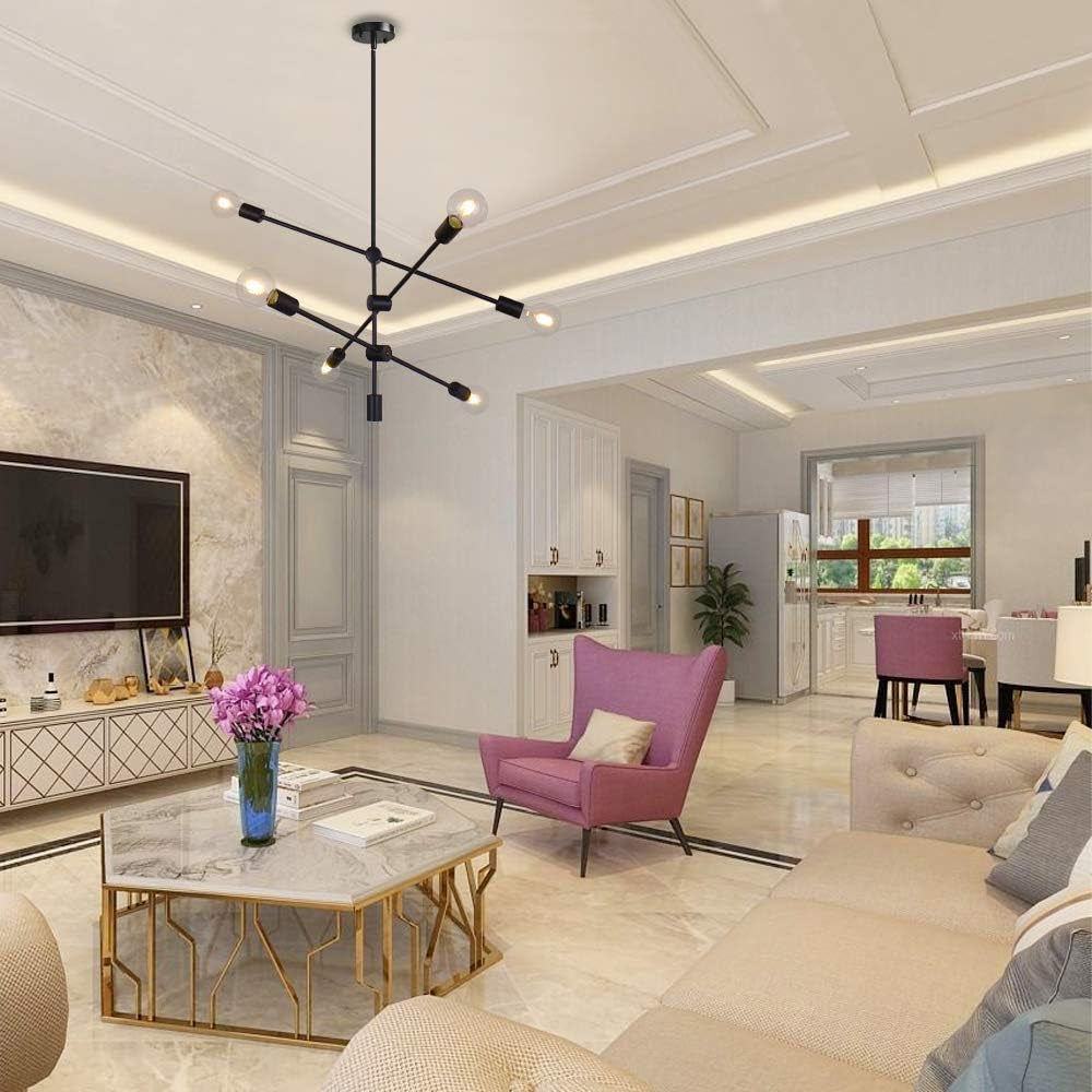 Sputnik Chandelier 6 Lights Modern Pendant Lighting Ceiling Light Fixture, Black, Bedroom Living Room Kitchen Hallway