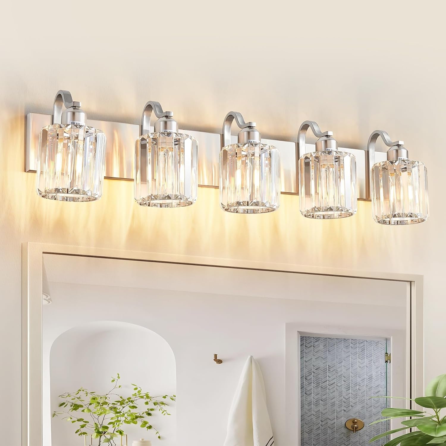 6-Light Brushed Nickel Crystal Bathroom Vanity Light