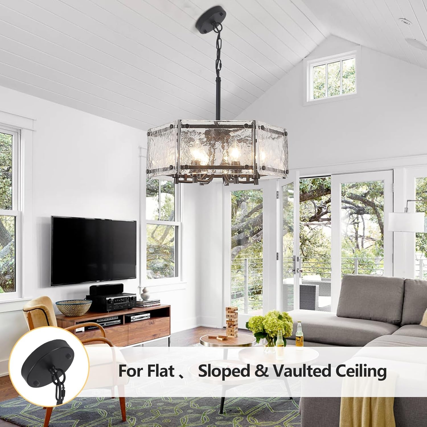 18.7" 6-Light Modern Black Glass Drum Chandelier