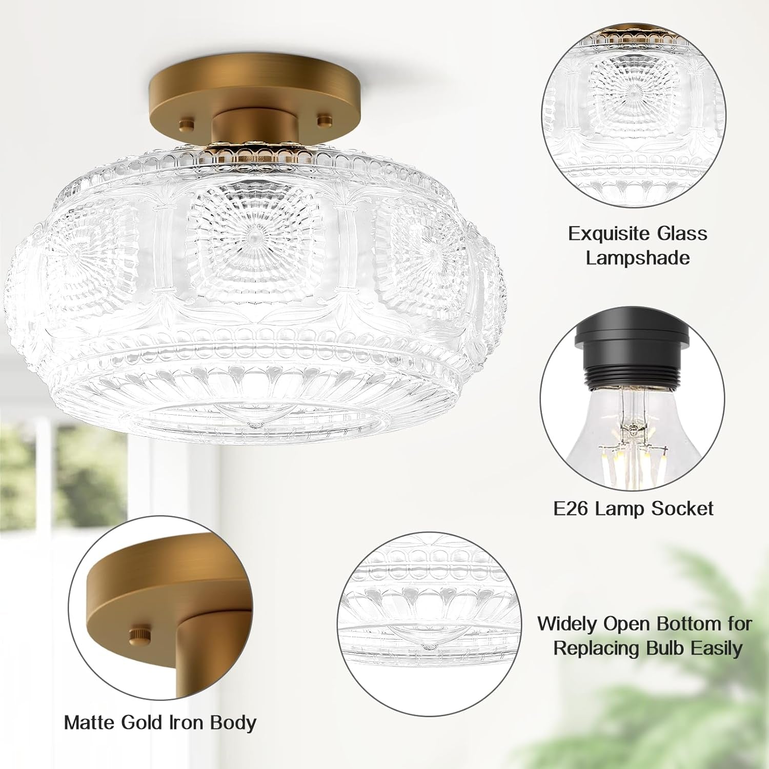Gold Semi Flush Mount Light – Vintage Glass