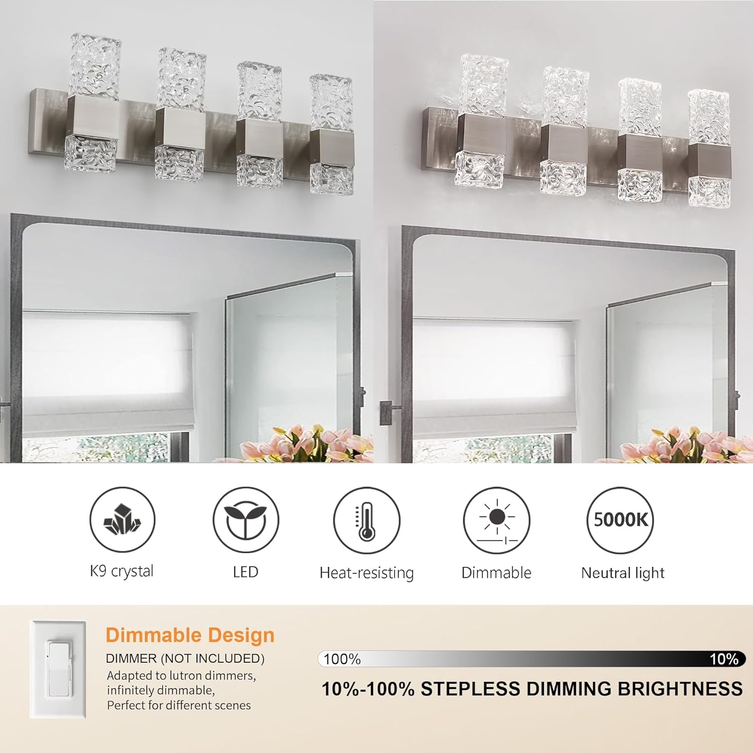 4-Light Brushed Nickel Crystal LED Bathroom Vanity Light