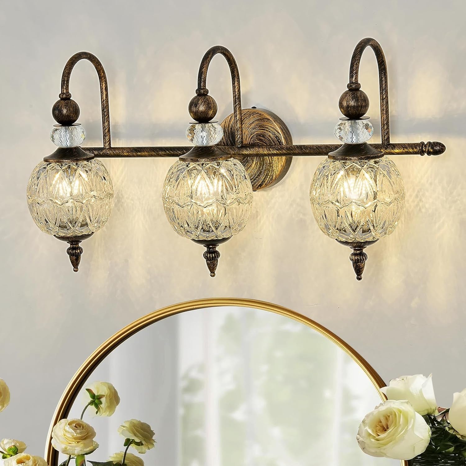 2-Light Gold Vintage Glass Globe Bathroom Vanity Light
