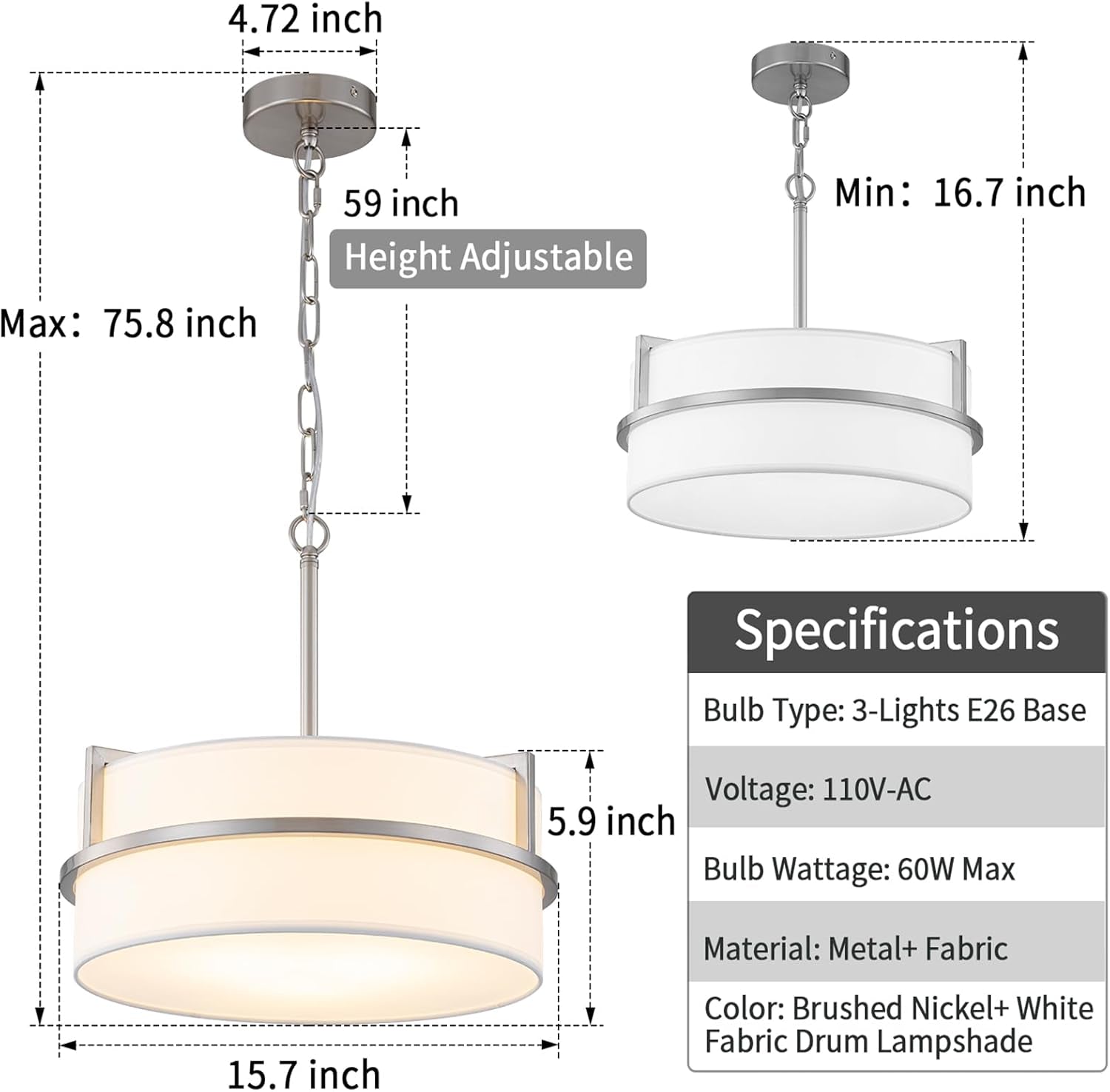 15.7" Modern Drum Chandelier – Brushed Nickel Finish