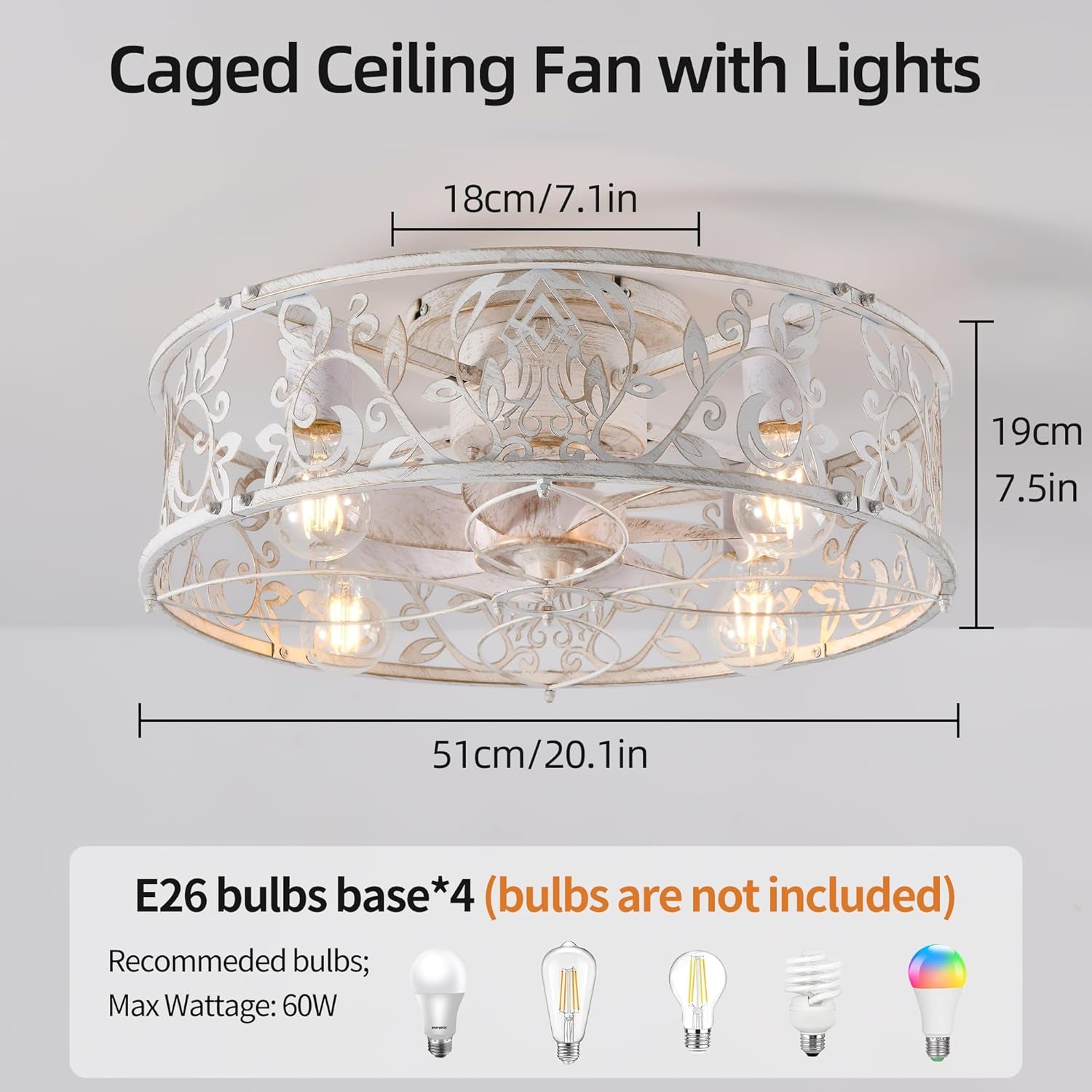 20" Caged Ceiling Fan with Light – White Gold Finish