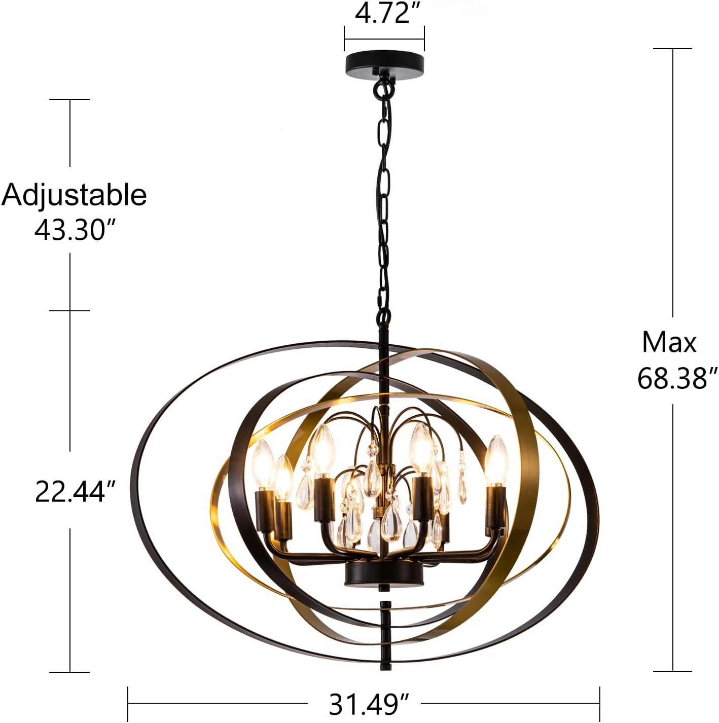31" Black & Gold Ring Crystal Chandelier – 6-Light Pendant