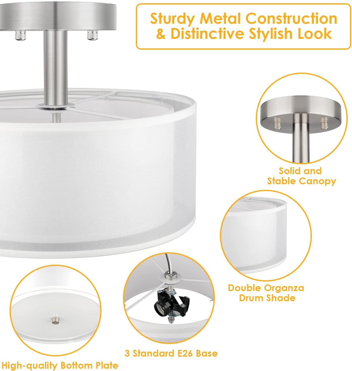 3-Light Semi Flush Mount Drum Ceiling Light