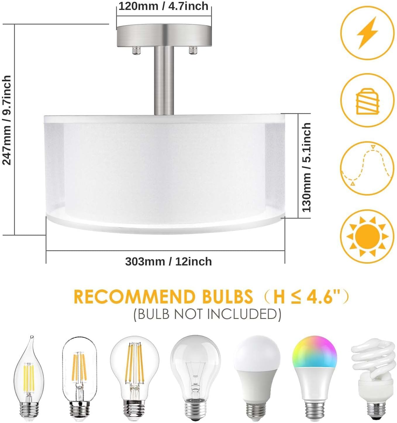 3-Light Semi Flush Mount Drum Ceiling Light