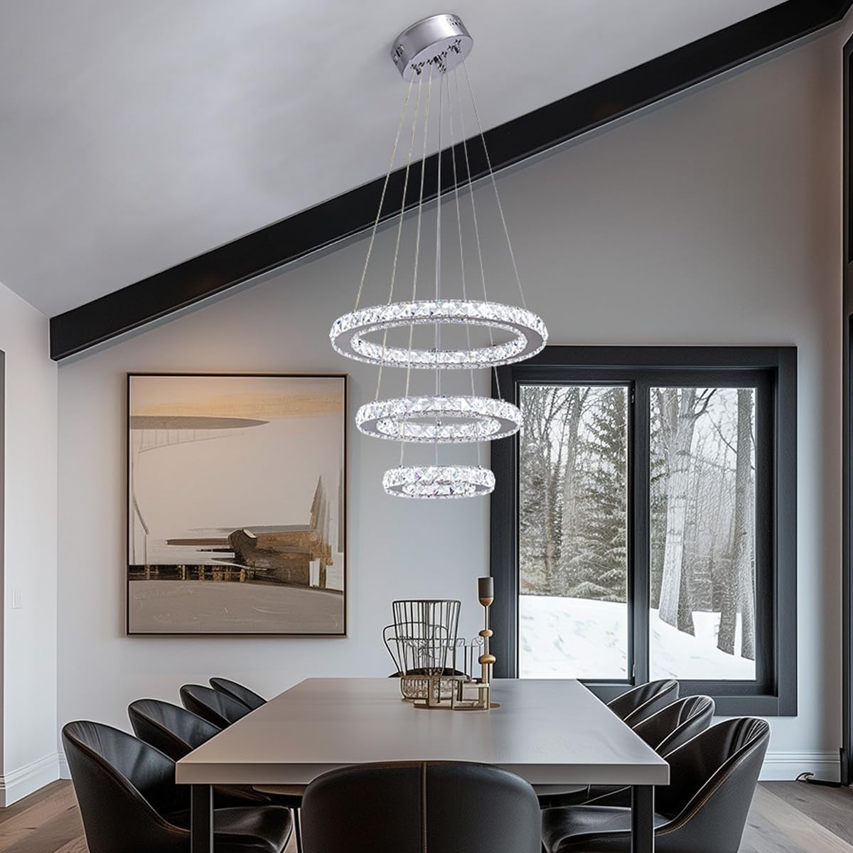 Modern Crystal LED Chandelier – 3-Ring Silver Pendant Light