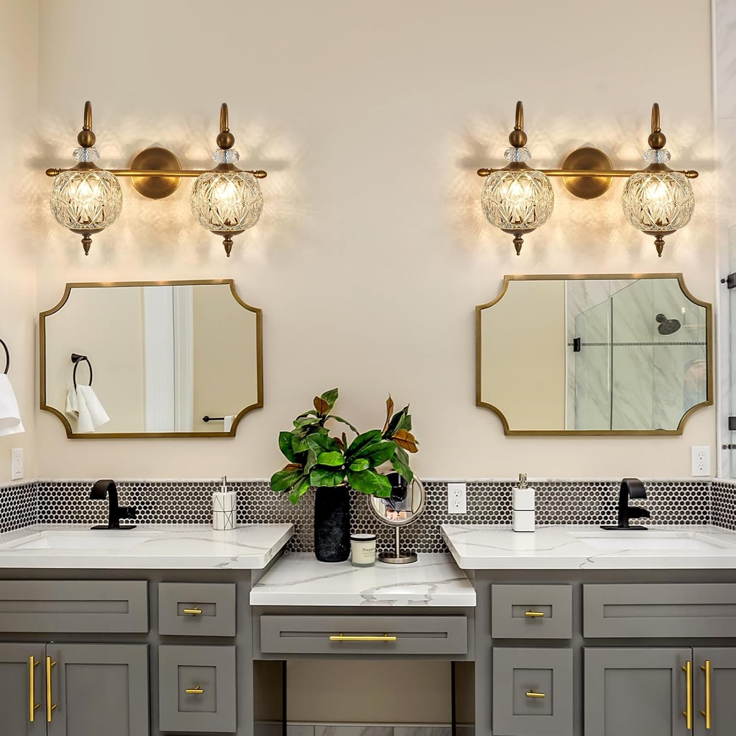 2-Light Gold Vintage Glass Globe Bathroom Vanity Light