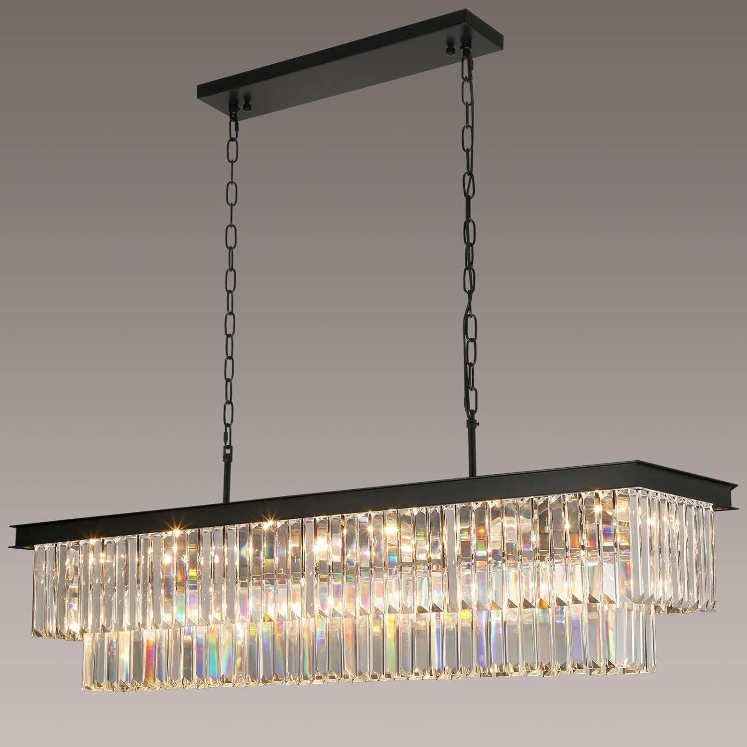 11-Light Black Crystal Rectangle Pendant Chandelier