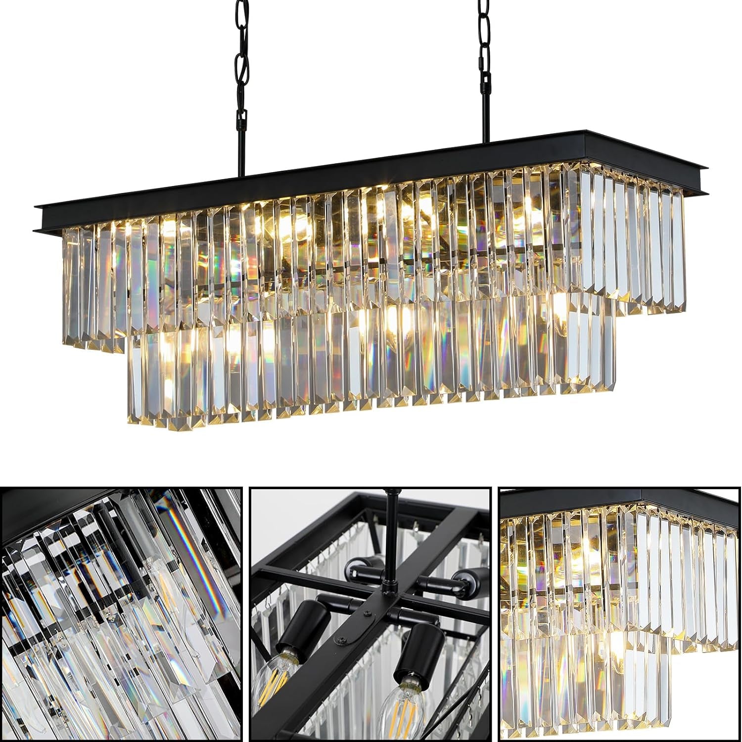 11-Light Black Crystal Rectangle Pendant Chandelier