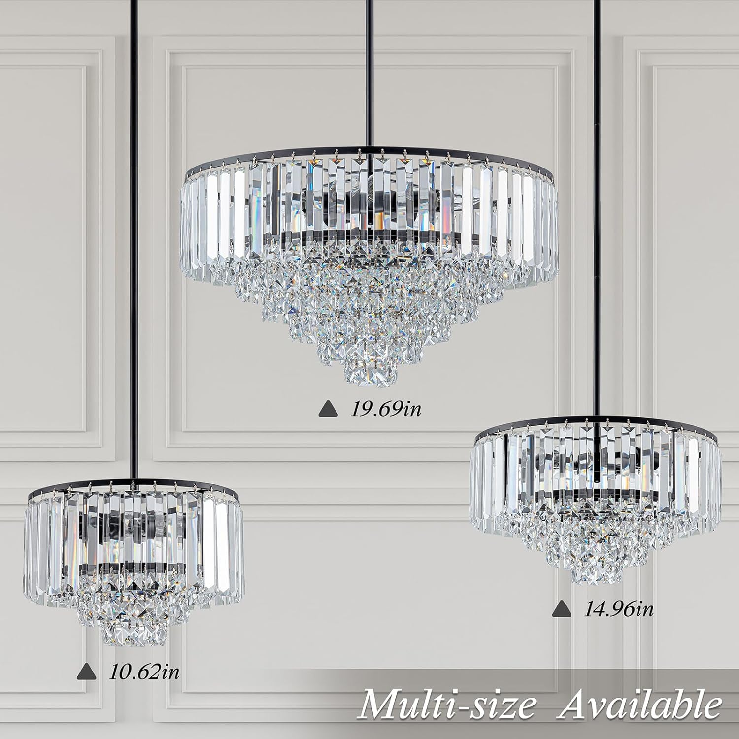3-Light Modern Black K9 Crystal Chandelier – 5-Tier Round Pendant